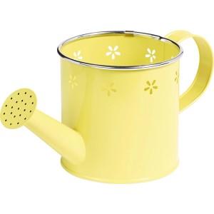 Annaffiatoio decorativo giallo in metallo, 12x12x25 cm, con motivo floreale per giardino e casa.