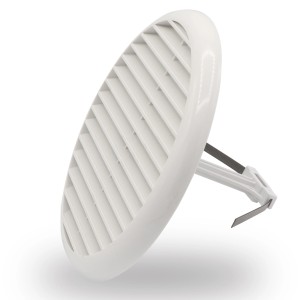 Griglia di areazione t.b.t. bianca, rotonda con lamelle e fissaggio.