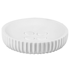 Dispenser sapone t.b.t. bianco con superficie scanalata.