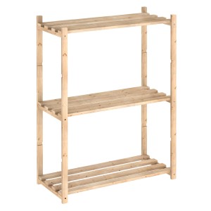 Scaffale in legno a tre ripiani per stoccaggio e organizzazione.