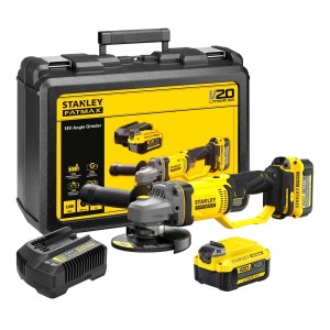 Set smerigliatrice angolare a batteria Stanley FATMAX con custodia, batterie e caricabatterie.