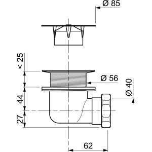 Disegno tecnico di un sifone doccia con dimensioni.