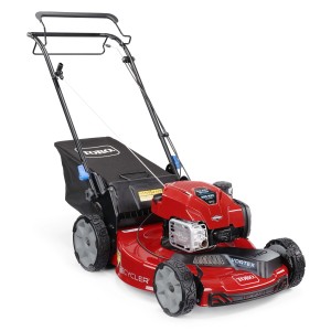 Tosaerba a scoppio Toro Recycler rosso con cesto di raccolta.