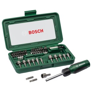 Set di inserti Bosch con cacciavite e punte in scatola verde.