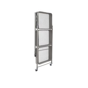 Vetrina t.b.t. grigia piegata con tre ripiani e ruote.