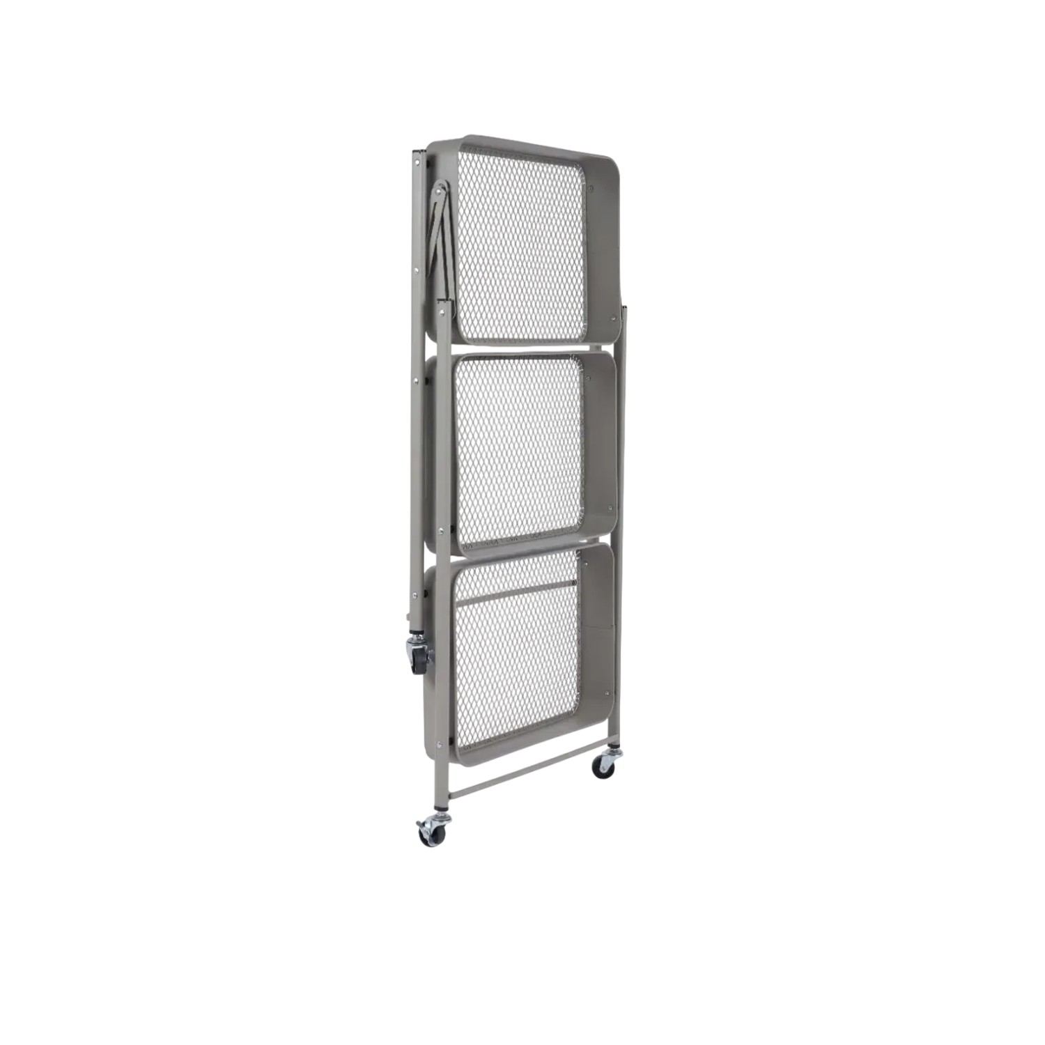 Vetrina t.b.t. grigia piegata con tre ripiani e ruote.