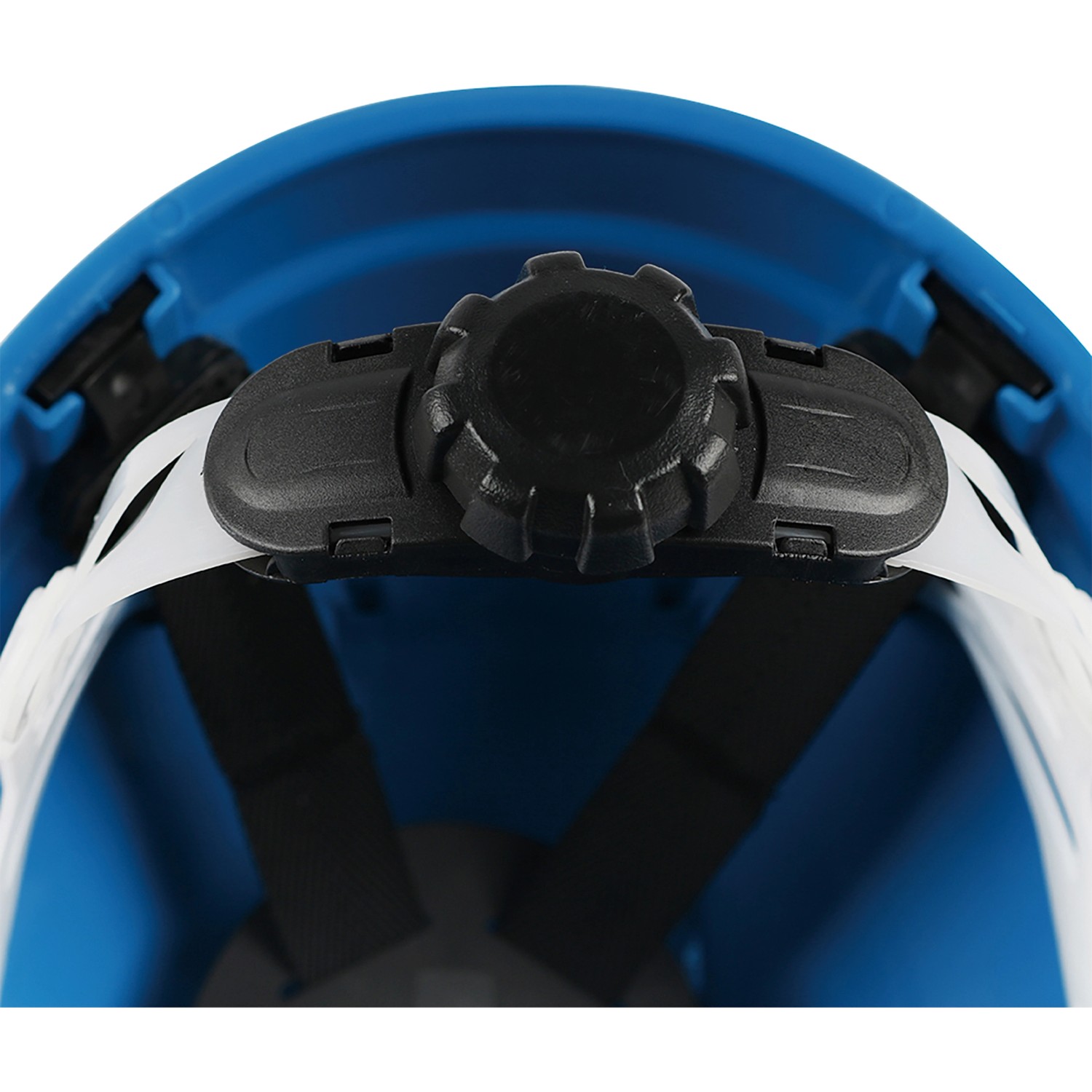 Vista interna: Casco da cantiere LUX blu con sospensione a 6 punti e rotella di regolazione.