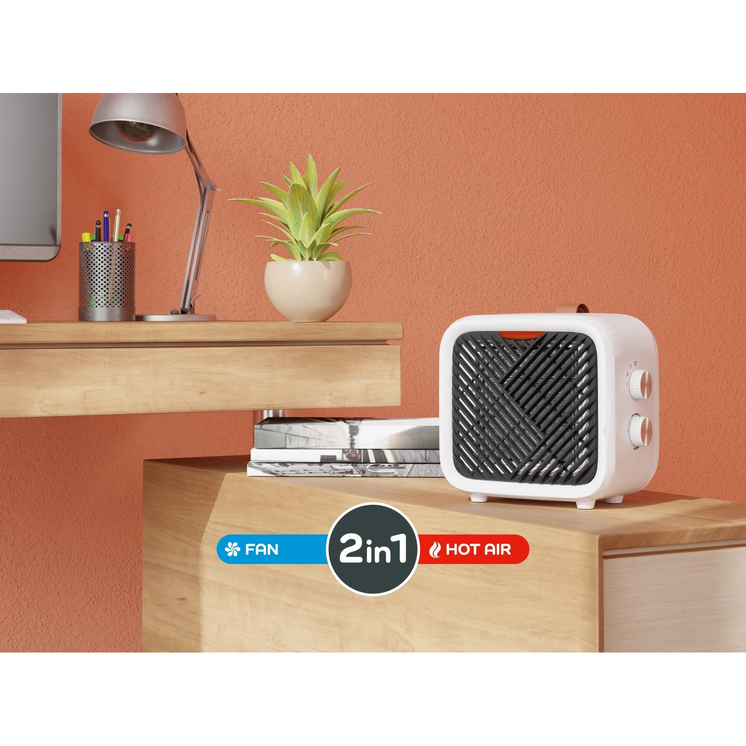 Termoventilatore ceramico compatto Nevala 2in1 (1500 W) con funzione ventilatore su un tavolo.