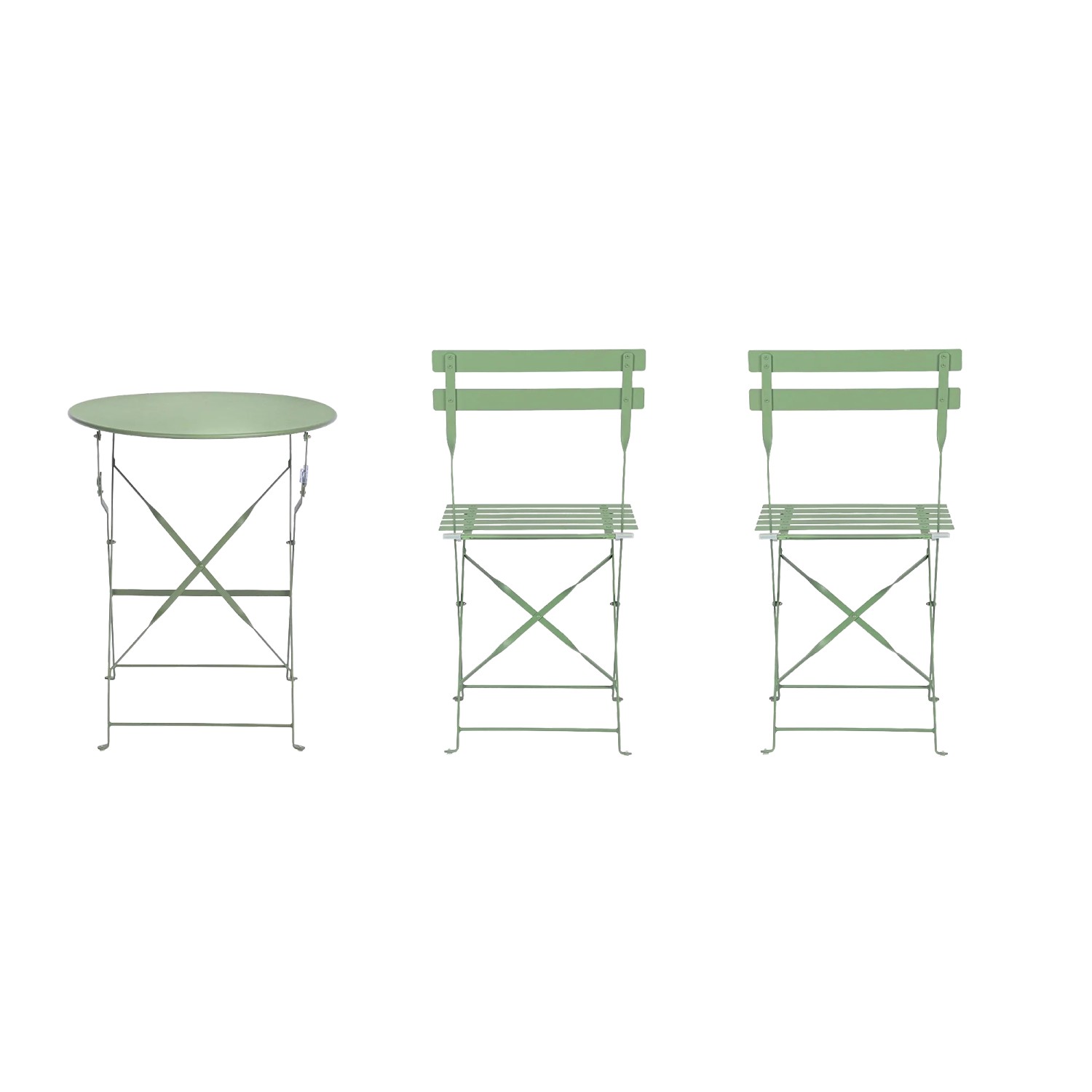 Set bistro AUSTIN verde: tavolo pieghevole e due sedie in acciaio per terrazza e giardino.