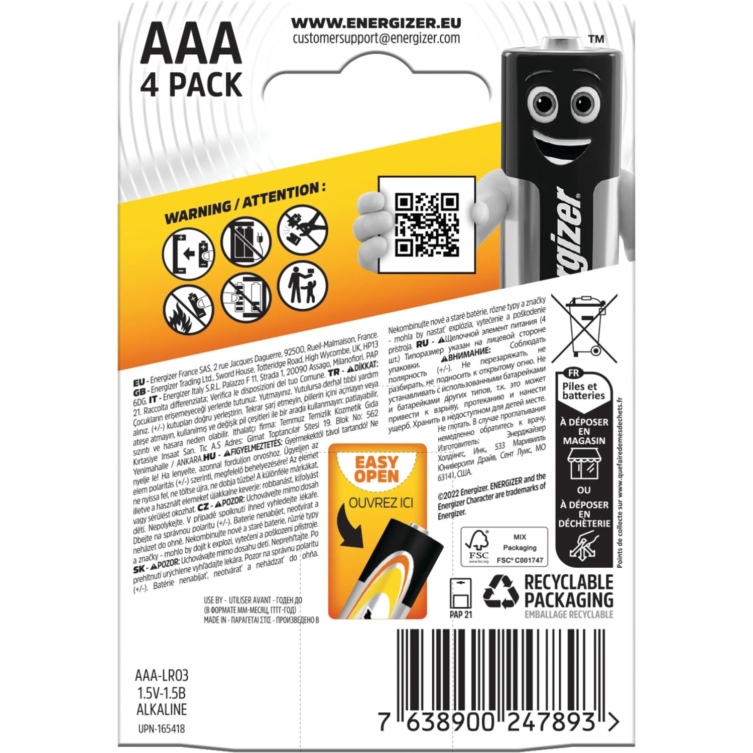 Batterie Energizer Alkaline Power AAA, confezione da 4 per dispositivi di uso quotidiano.