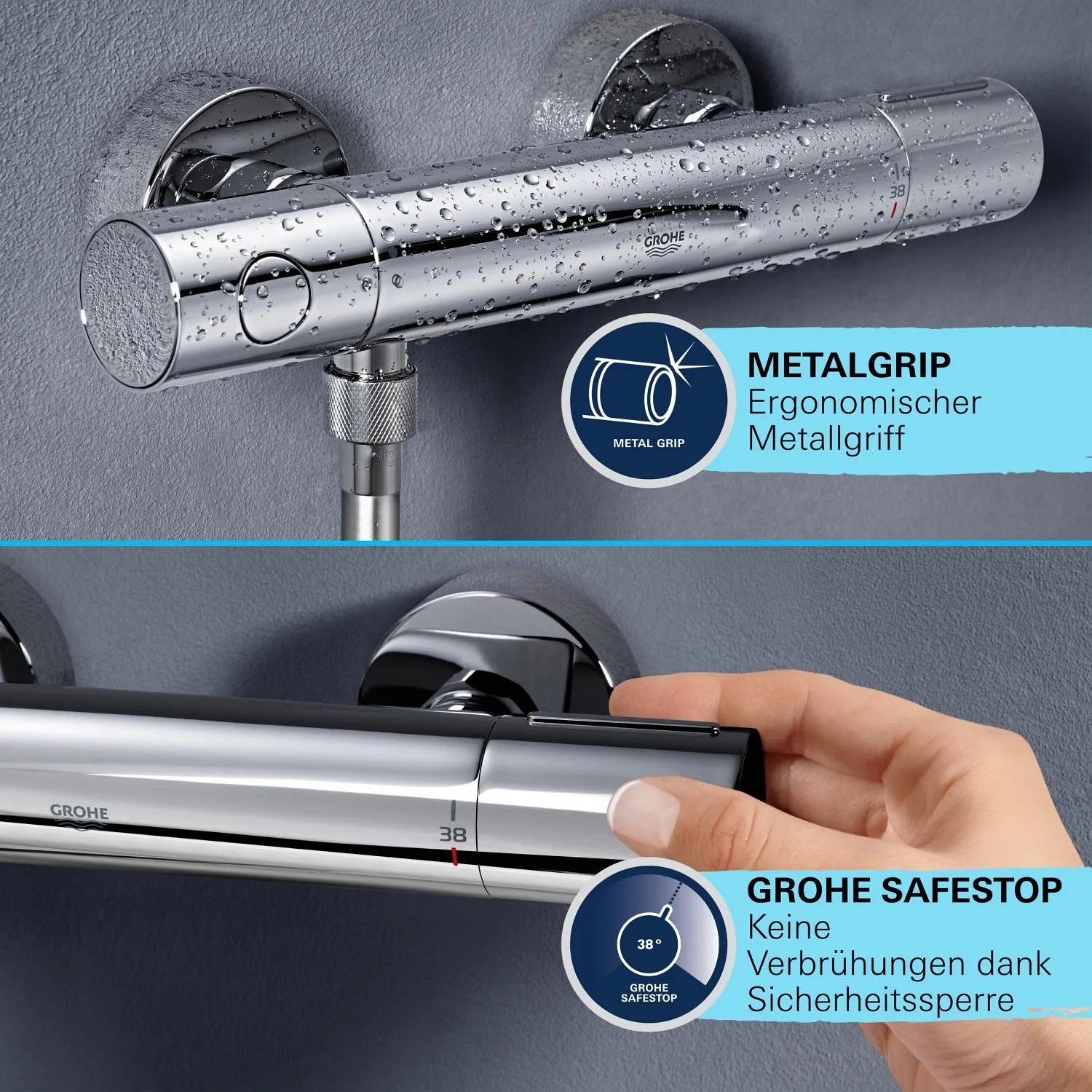 Set doccia Grohe Vitalio Comfort 250 cromato con termostato e funzione SafeStop.