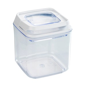 Contenitore/barattolo trasparente t.b.t. con coperchio bianco. Ideale per la conservazione.