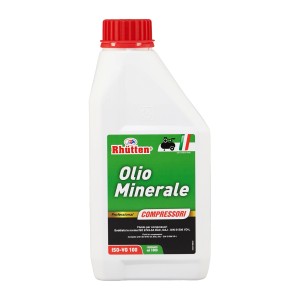 Olio minerale Rhütten per compressori, flacone bianco con tappo rosso.
