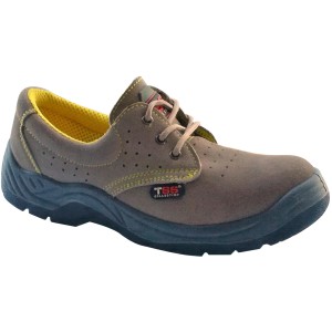 Scarpa da lavoro t.b.t. in pelle nabuk marrone con lacci e fodera gialla.