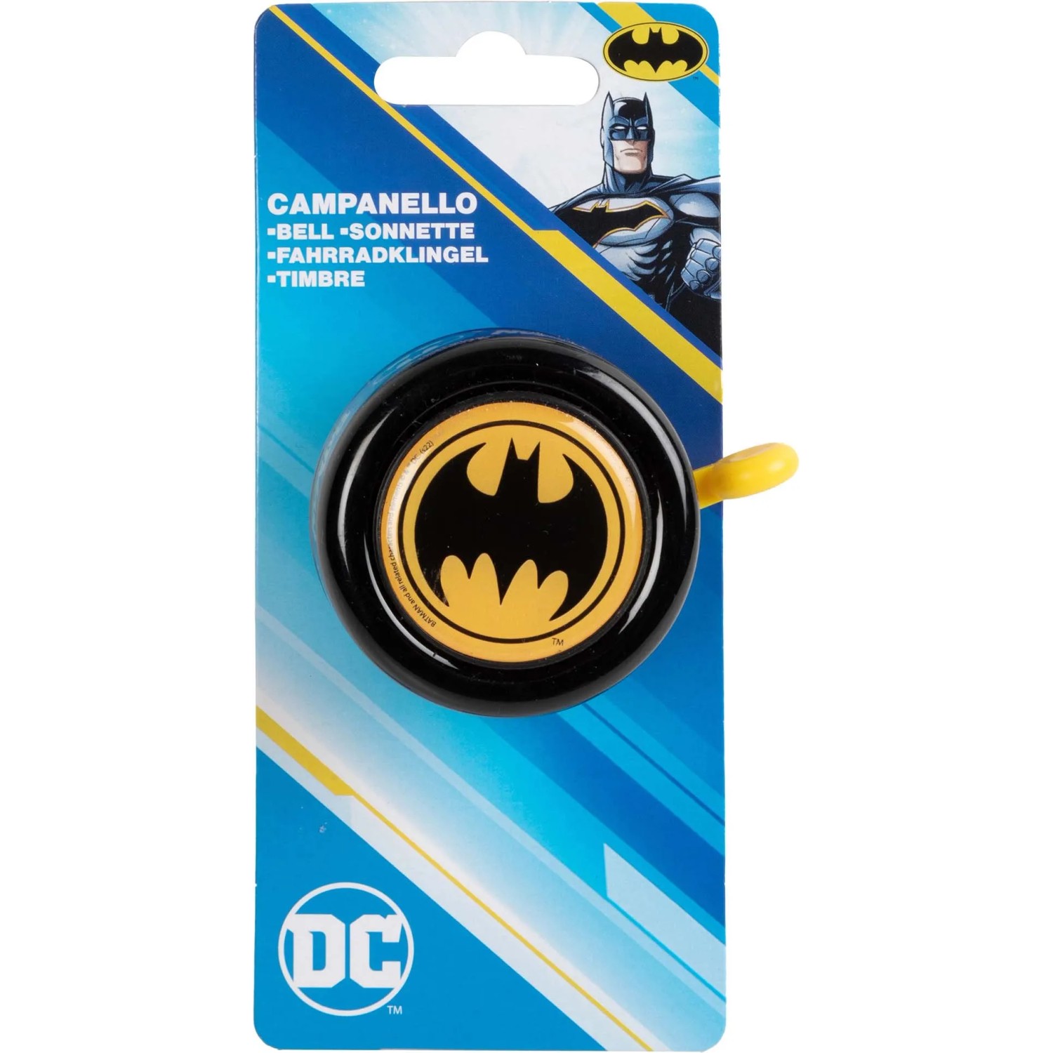 Campanello per bicicletta con logo Batman, nero e giallo.