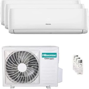 Climatizzatore Hisense Multi-Split con 3 unità interne, unità esterna e 3 telecomandi.