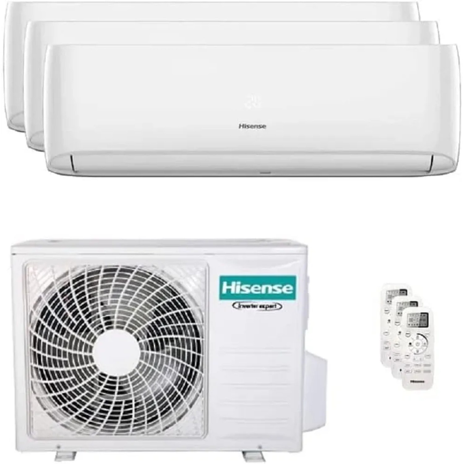 Climatizzatore Hisense Multi-Split con 3 unità interne, unità esterna e 3 telecomandi.