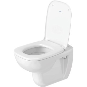 WC sospeso Duravit D-Code bianco, a cacciata con coperchio aperto.