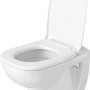 WC sospeso Duravit D-Code bianco, a cacciata con coperchio aperto.