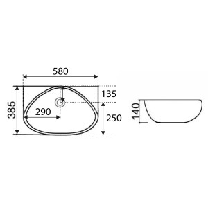 Disegno tecnico del lavabo da appoggio t.b.t. con dimensioni.