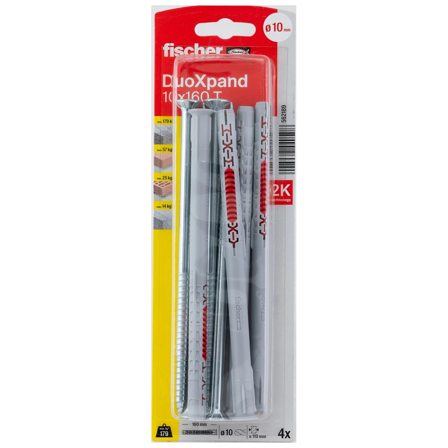 Tasselli Fischer DuoXpand 10x160 T, confezione da 4, per fissaggi sicuri.