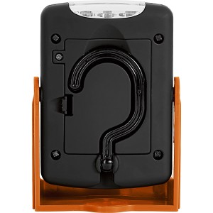 Vista posteriore della lampada da lavoro nera con gancio e supporto arancione. Torcia a 23 LED.