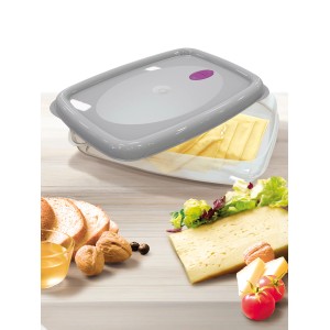 Contenitore t.b.t. con coperchio grigio, riempito con formaggio.