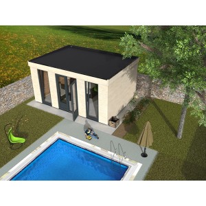 Moderna casetta da giardino in legno Decor et Jardin Decor Home 15 con tetto piatto e piscina in giardino.