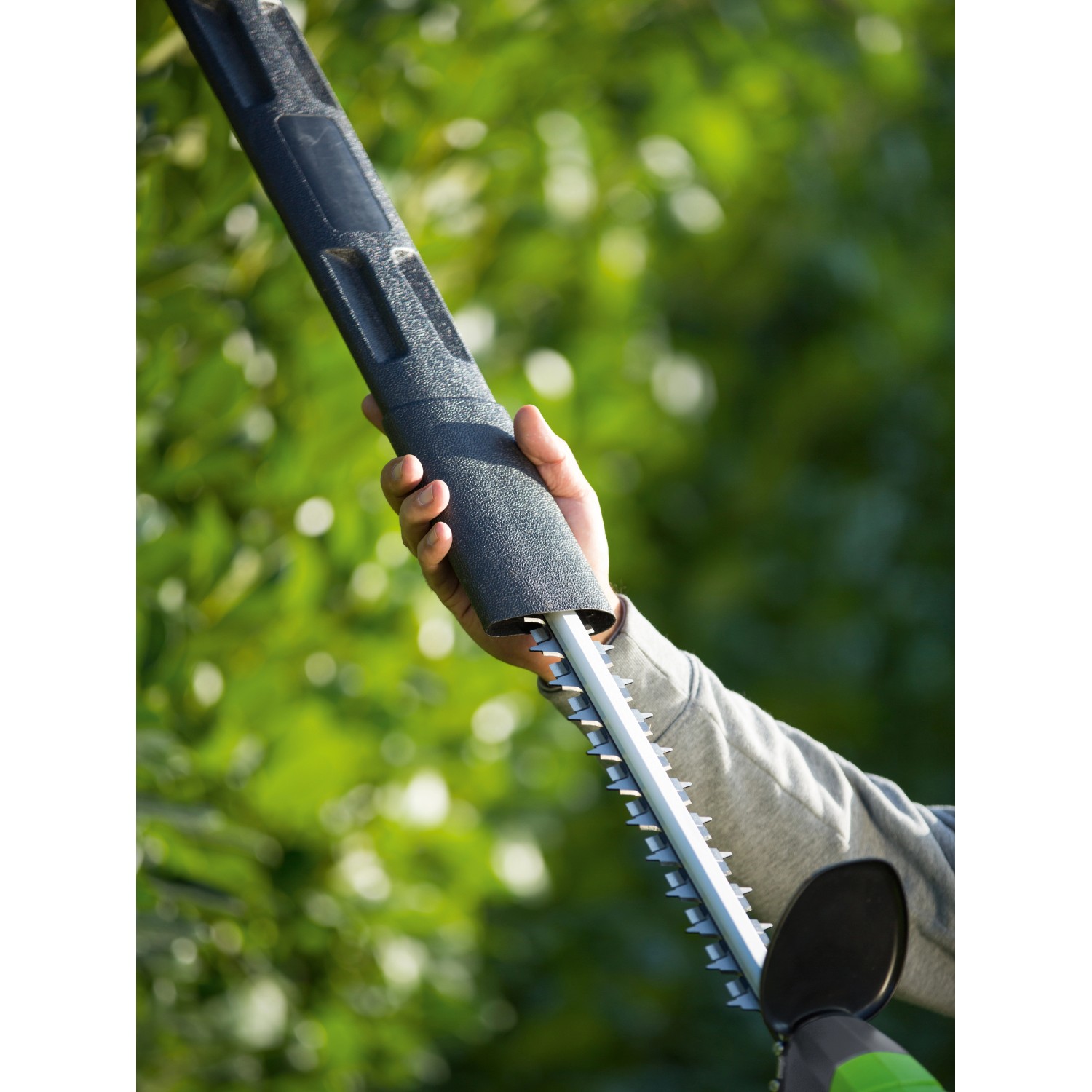 Tagliasiepi telescopico a batteria LUX A-HS-20/51T in uso, estensibile per siepi alte.