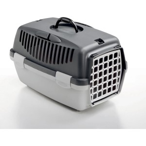 Trasportino per cani grigio e bianco con maniglia e fessure di ventilazione.