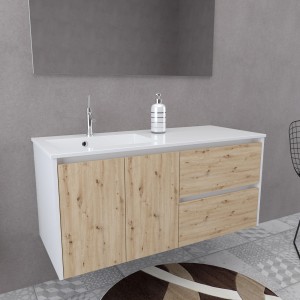 Mobile bagno moderno con lavabo, mobiletto effetto legno e specchio.