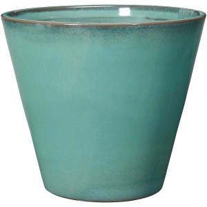 Vaso da fiori in terracotta turchese a forma conica.