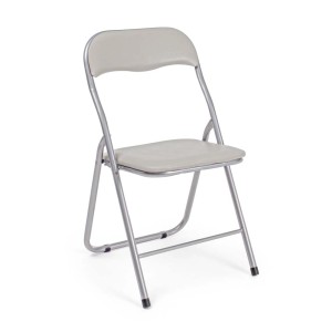 Sedia pieghevole grigia con struttura in metallo. Seduta pratica per interni ed esterni.