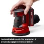 Levigatrice eccentrica a batteria Einhell Power X-Change TE-RS 18 Li Solo in rosso/nero con mano. Levigatrice per legno, plastica e metallo.