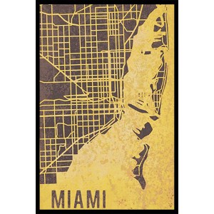 Quadro: Mappa della città di Miami color oro in cornice nera.