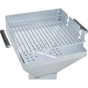Griglia a colonna per barbecue a carbone con base in acciaio e griglia cromata.