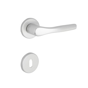 Maniglia per porta argentata con rosetta e bocchetta per porte interne.