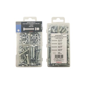 Set di bulloni a testa esagonale e dadi, assortiti in scatole.