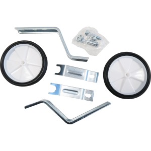 Set rotelle stabilizzatrici per bici con ruote, staffe e viti per maggiore sicurezza nell'apprendimento della bicicletta.