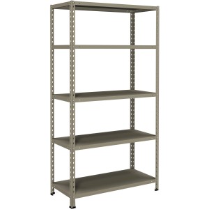Scaffale metallico grigio a 5 ripiani per stoccaggio.