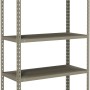 Scaffale metallico grigio a 5 ripiani per stoccaggio.