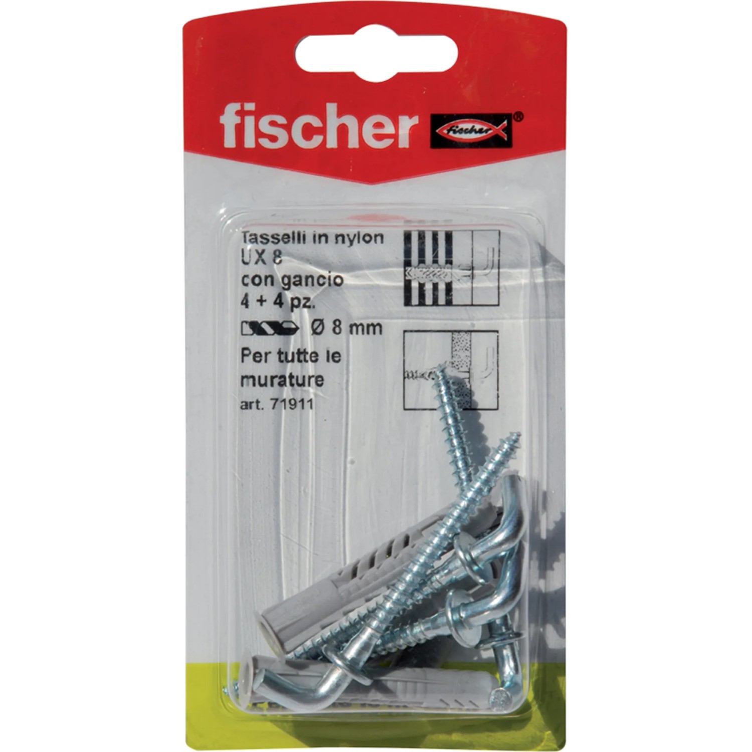 Fischer UX 8 tasselli in nylon con gancio, 8 mm, set da 4, per muratura.