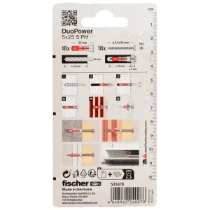 Tasselli Fischer DuoPower 5x25 S PH, istruzioni di montaggio sulla confezione.