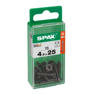 Viti universali Spax 4,5x25 mm, zincate, nere, 15 pezzi in contenitore di plastica verde.