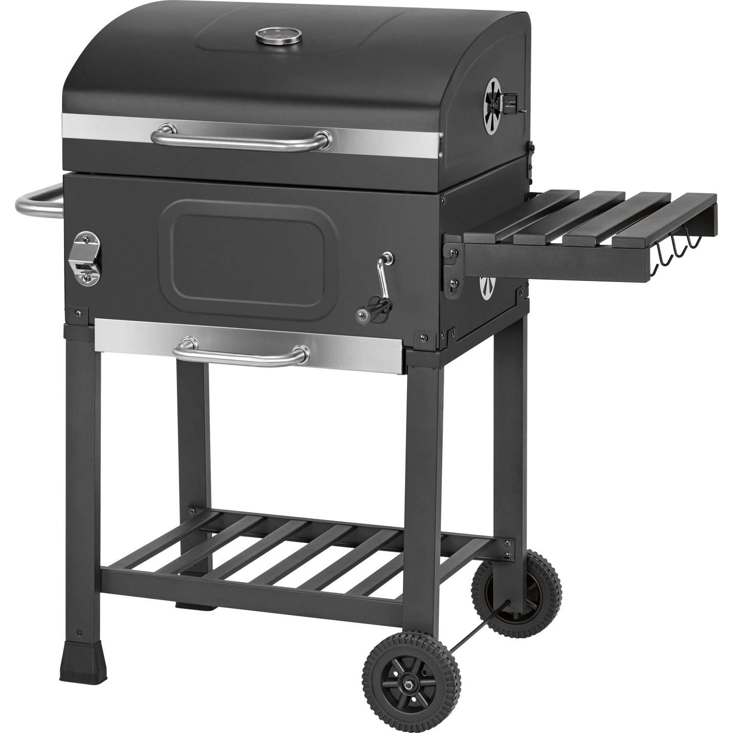 Barbecue a carbone Jamestown Jaxon grigio scuro su ruote con termometro, ripiano laterale e ganci. Per giardino.