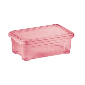 Contenitore trasparente rosa t.b.t. con coperchio, ideale per lo stoccaggio.