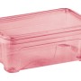 Contenitore trasparente rosa t.b.t. con coperchio, ideale per lo stoccaggio.