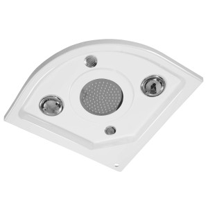 Dettaglio del piatto doccia di una cabina doccia semicircolare t.b.t. con soffione e illuminazione.