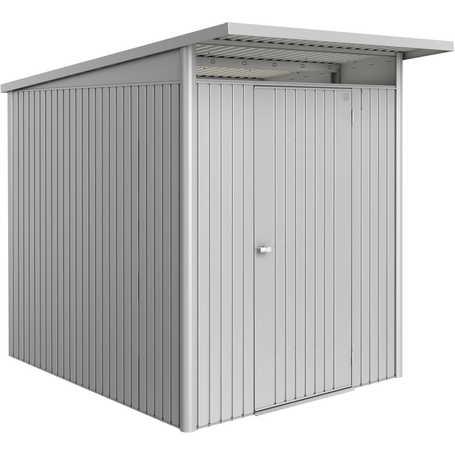 Casetta da giardino in metallo Biohort AvantGarde ECO A2, argento metallizzato, con porta standard.