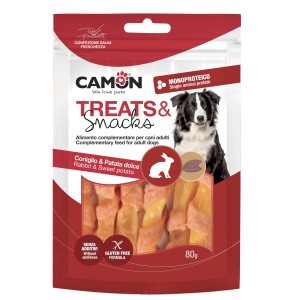 Snack per cani Camom con coniglio e patata dolce, senza glutine.